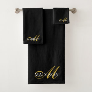 Moderne elegante schwarze Goldmonogramm-Anfang  Badhandtuch Set