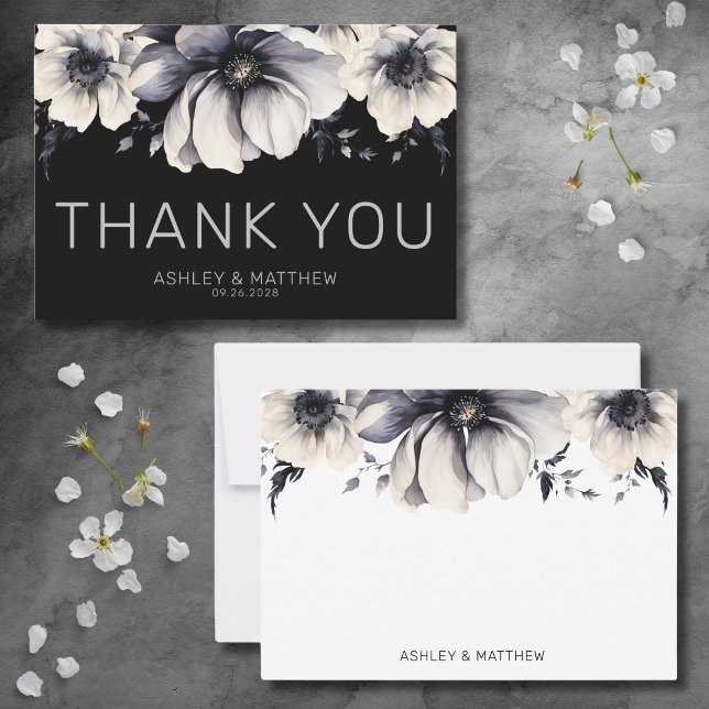 Moderne elegante Schwarze Hochzeit mit Flora Dankeskarte (Modern Elegant Floral Black Wedding Thank You Card)