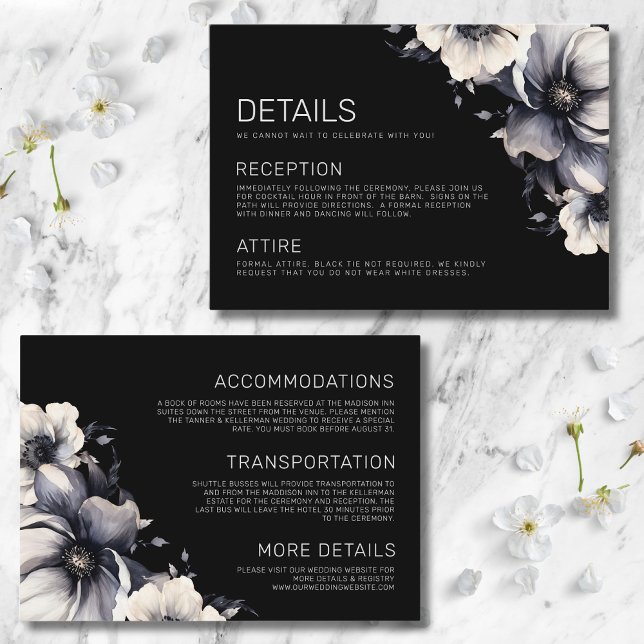 Moderne Elegante Schwarze Hochzeiten Begleitkarte (Modern Elegant Floral White Black Wedding Details Enclosure Card)