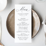 Moderne elegante Schwarze Kalligraphie Hochzeit Menükarte<br><div class="desc">Mit dieser eleganten Menükarte mit dem Wort "Menü" in graziöser schwarzer Kalligrafie auf weißem Hintergrund heben Sie Ihre Hochzeitstischeinstellungen hervor. Dieses moderne Design eignet sich perfekt für Hochzeitsfeiern zu jeder Jahreszeit und eignet sich sowohl für feierliche als auch lässige Feierlichkeiten. Es erlaubt Paaren, die Karte mit ihren Namen, ihrem Hochzeitsdatum...</div>