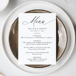 Moderne elegante Schwarze Kalligraphie Hochzeit Menükarte<br><div class="desc">Mit dieser hübsch gestalteten Speisekarte mit "Menu" in eleganter schwarzer Kalligrafie auf klassischem weißem Hintergrund fügen Sie Ihrem Hochzeitsempfang eine Touch Eleganz hinzu. Dieses elegante und moderne Design eignet sich perfekt für Hochzeitsfeiern zu jeder Jahreszeit und eignet sich sowohl für Feiern als auch für lässige Feierlichkeiten. Die Namen der Ehepaare,...</div>