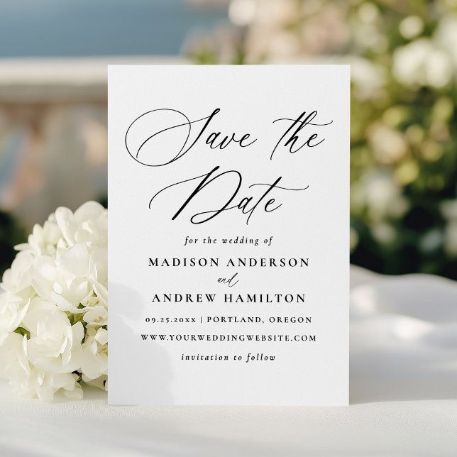 Moderne elegante Schwarze Kalligraphie Hochzeit Save The Date (Von Creator hochgeladen)