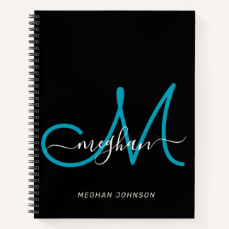Moderne elegante schwarze Teal-Schrift Monogramm Notizbuch