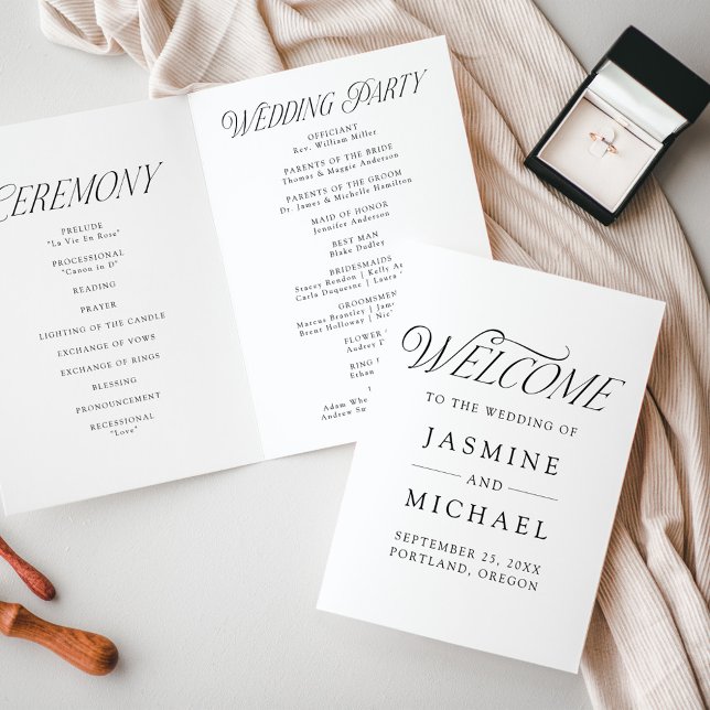 Moderne elegante Schwarze Typografie-Hochzeit Programm (Von Creator hochgeladen)