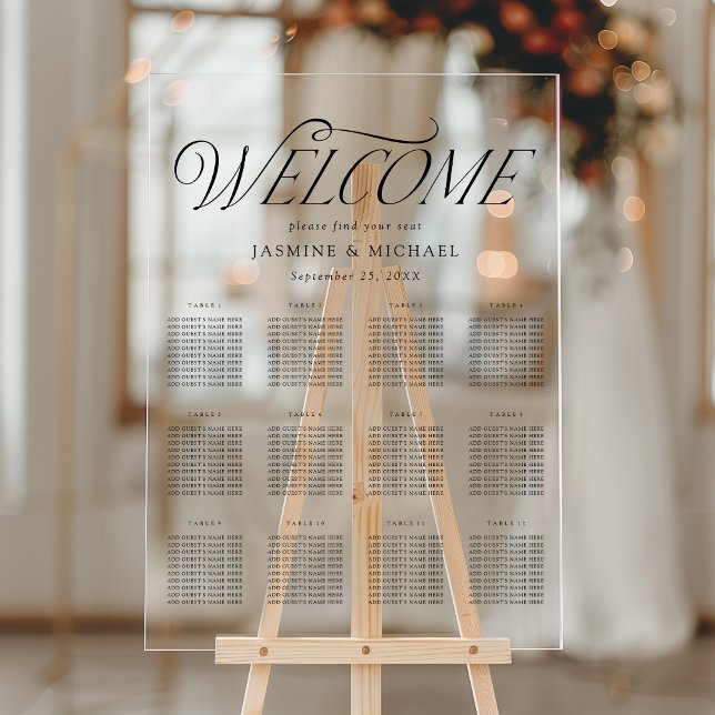 Moderne elegante schwarze Typografie-Seating Chart Acrylschild (Von Creator hochgeladen)