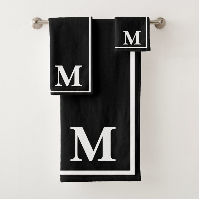 Moderne elegante schwarze und weiße Monogramm-Schr Badhandtuch Set (Insitu)