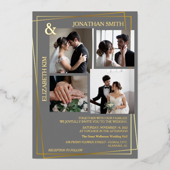 Moderne, elegante Script 5 Foto Grid Overlay Weddi Folieneinladung (Vorderseite)