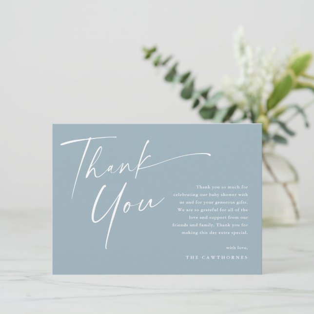 Moderne, elegante Script Baby Dusche Dankeskarte (Stehend Vorderseite)