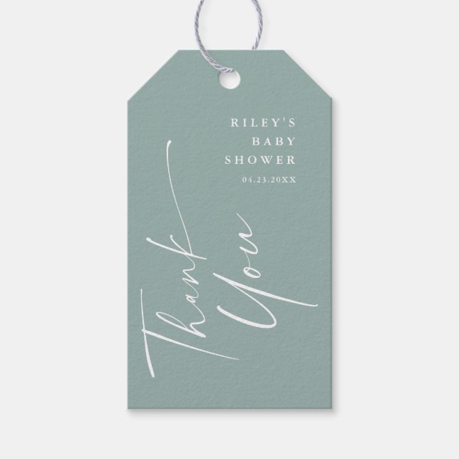 Moderne, elegante Script Baby Dusche Vielen Dank f Geschenkanhänger (Vorderseite)