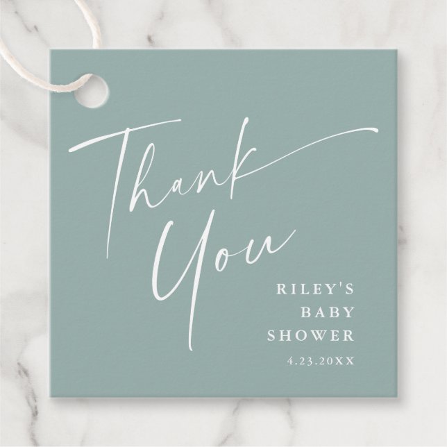 Moderne, elegante Script Baby Dusche Vielen Dank Geschenkanhänger (Vorderseite)