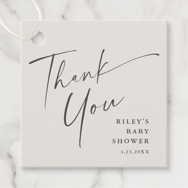 Moderne, elegante Script Baby Dusche Vielen Dank Geschenkanhänger (Vorderseite)