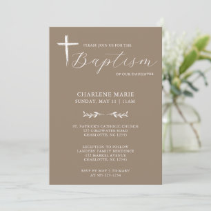 Moderne, elegante Script Beige Taufe Einladung