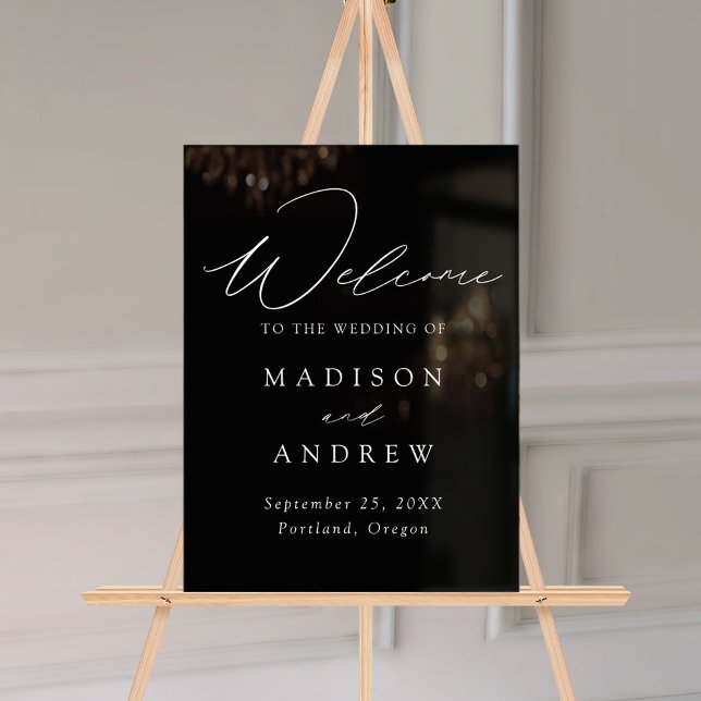Moderne elegante Script Black Wedding Willkommen Acrylschild (Von Creator hochgeladen)