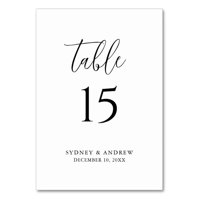 Moderne, elegante Script Black & White Wedding Tischnummer (Vorderseite)