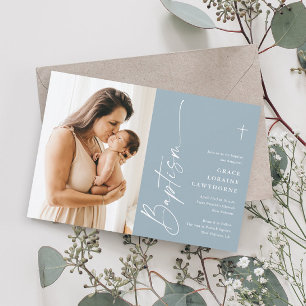 Moderne elegante Script Boys Foto Taufe Einladung