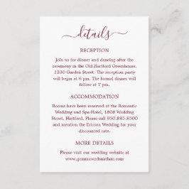 Moderne, elegante Script Burgundy Red Wedding Deta Begleitkarte