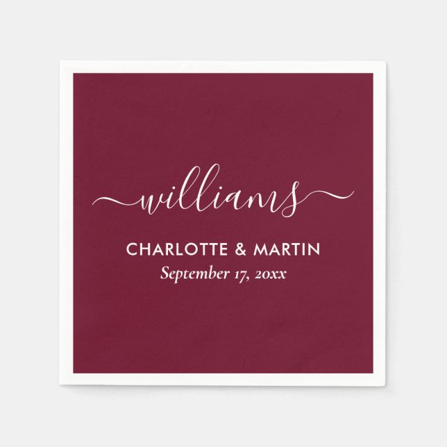 Moderne, elegante Script Burgundy Wedding Napkins Serviette (Vorderseite)