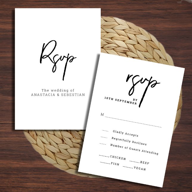 Moderne, elegante Script Chic Black and White Wedd RSVP Karte (Modern Elegant Script Chic Black and White Wedding RSVP Card)