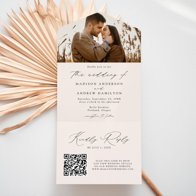 Moderne, elegante Script-Cream-Foto Hochzeit All In One Einladung (Von Creator hochgeladen)