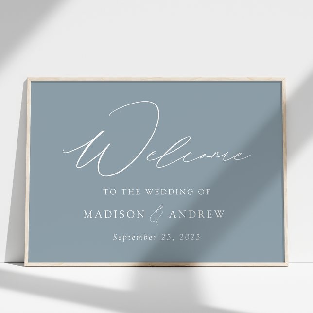 Moderne, elegante Script Dusty Blue Wedding Willko Poster (Von Creator hochgeladen)
