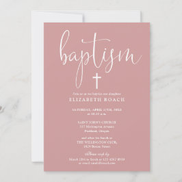 Moderne, elegante Script Dusty Rose Rosa Taufe Einladung