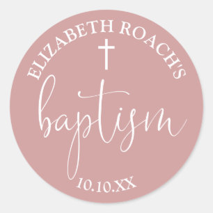 Moderne, elegante Script Dusty Rose Rosa Taufe Runder Aufkleber