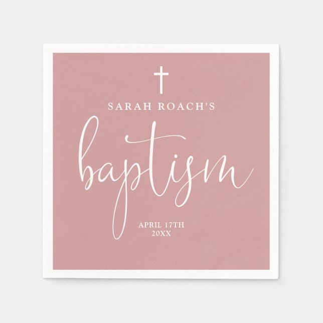 Moderne, elegante Script Dusty Rose Rosa Taufe Serviette (Vorderseite)