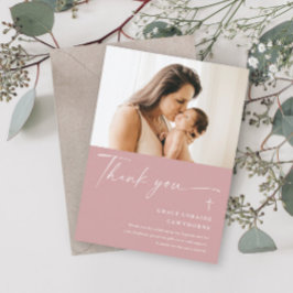 Moderne elegante Script-Foto-Taufe Danke-Karte Einladung