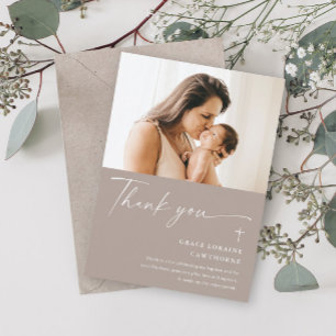 Moderne elegante Script-Foto-Taufe Danke-Karte Einladung