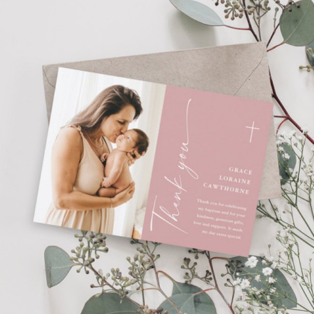 Moderne elegante Script-Foto-Taufe Danke-Karte Einladung (Von Creator hochgeladen)