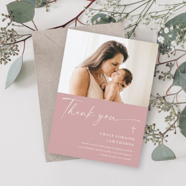 Moderne elegante Script-Foto-Taufe Danke-Karte Einladung (Von Creator hochgeladen)