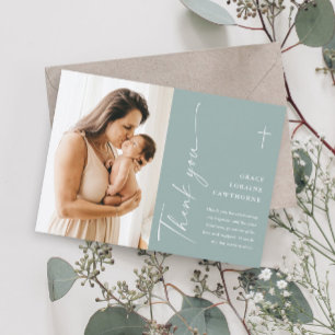 Moderne elegante Script-Foto-Taufe Dankeskarte