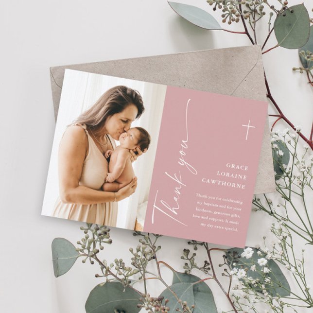 Moderne elegante Script-Foto-Taufe Dankeskarte (Von Creator hochgeladen)