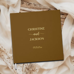 Moderne, elegante Script Gelb Braun Hochzeit Gold Gästebuch