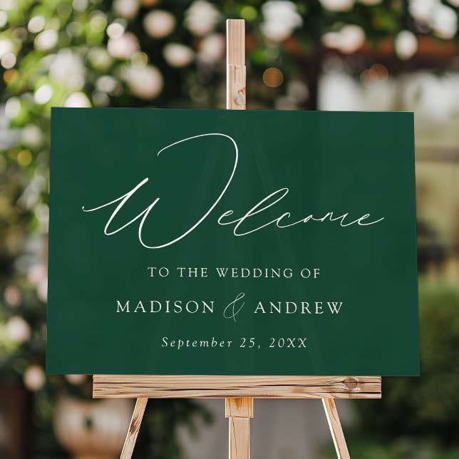 Moderne, elegante Script Green Wedding Willkommen Acrylschild (Von Creator hochgeladen)