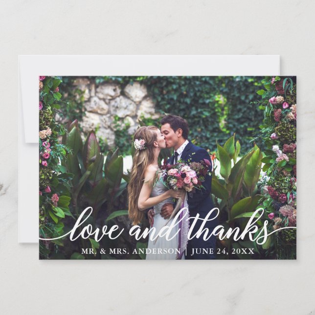 Moderne, elegante Script-Liebe dank Wedding Foto Dankeskarte (Vorderseite)