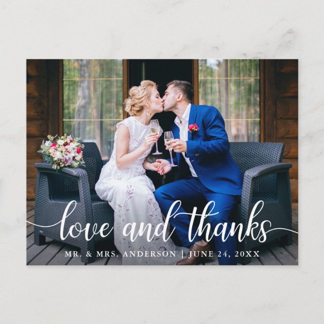 Moderne, elegante Script-Liebe dank Wedding Foto W Postkarte (Vorderseite)