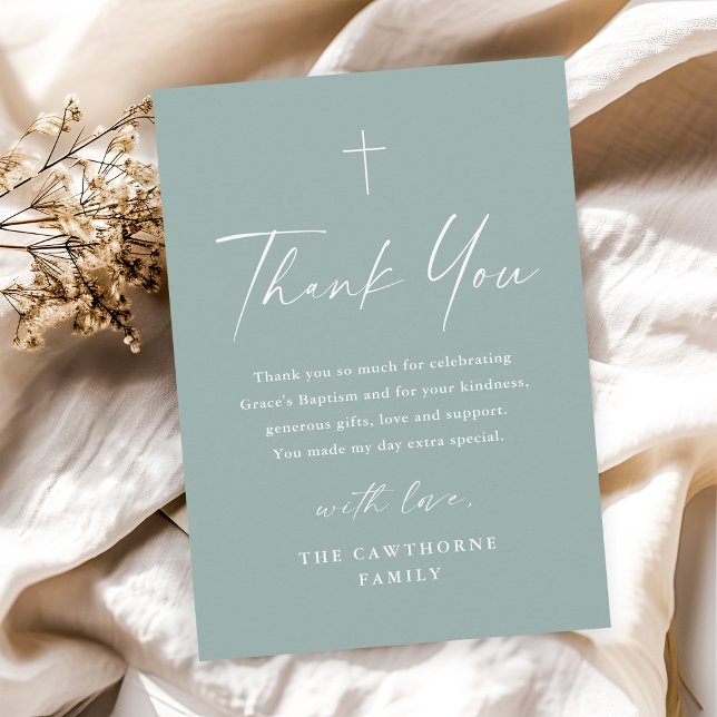 Moderne elegante Script Minimal Sage Grüne Taufe Dankeskarte (Modern simple script sage green baptism thank you card.)