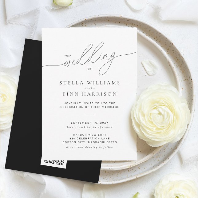 Moderne, elegante Script Minimalistisch QR Code We Einladung (Modern Elegant Script Minimalist QR Code Wedding Invitation)