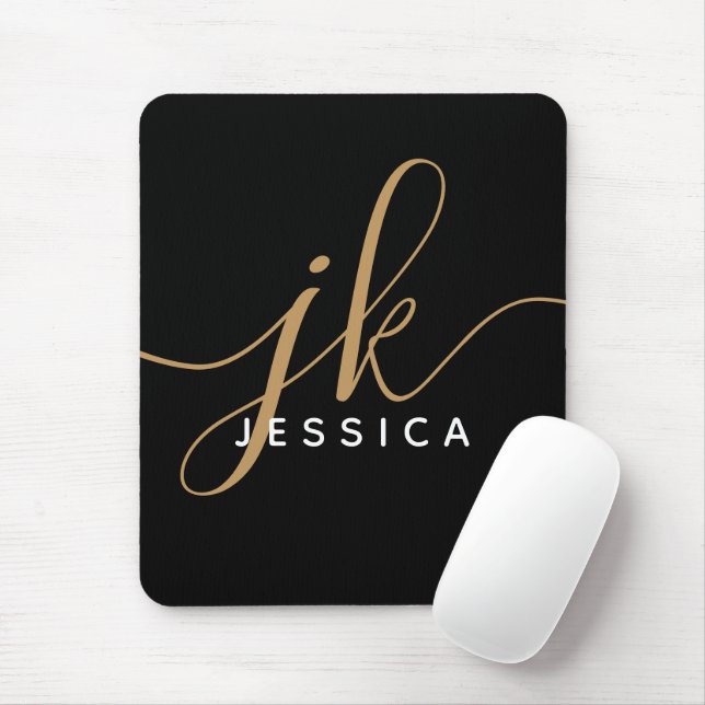 Moderne elegante Script Monogram Initials Black Go Mousepad (Mit Mouse)