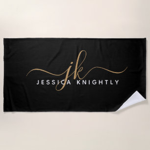 Moderne elegante Script Monogram Initials Black Go Strandtuch