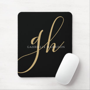Moderne elegante Script Monogram Name Black Gold Mousepad
