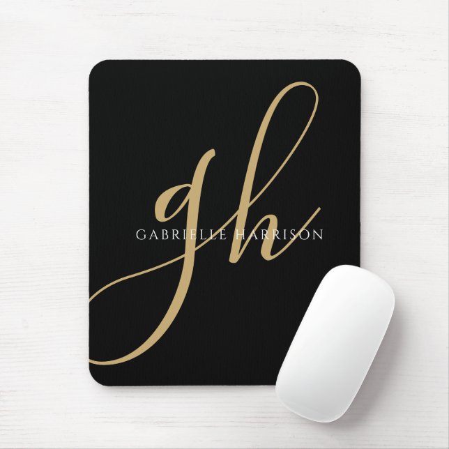 Moderne elegante Script Monogram Name Black Gold Mousepad (Mit Mouse)