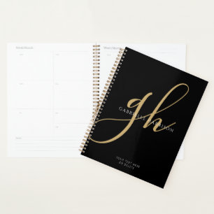 Moderne elegante Script Monogram Name Black Gold Planer