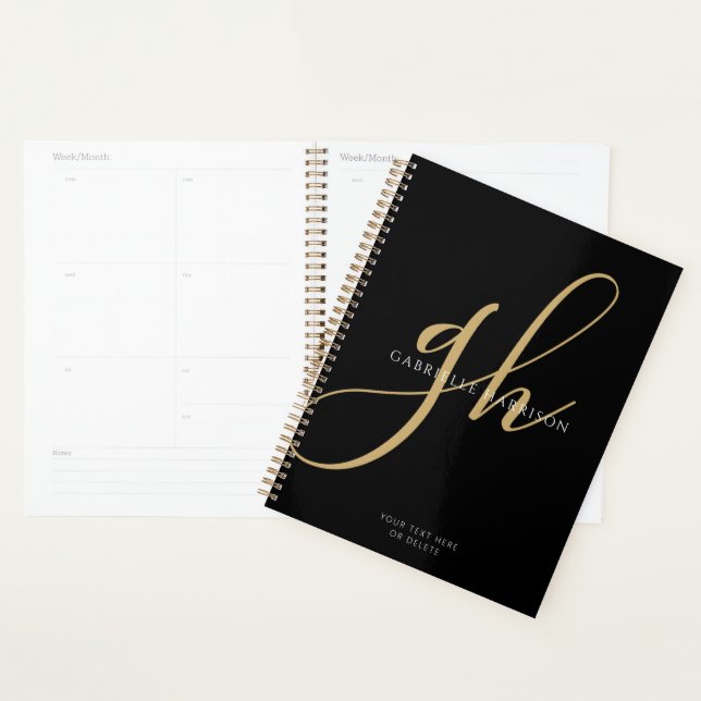 Moderne elegante Script Monogram Name Black Gold Planer (Anzeige)