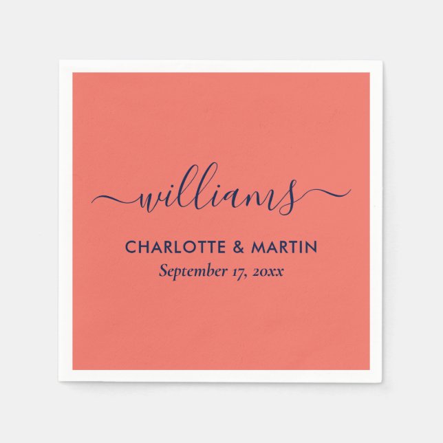 Moderne, elegante Script Navy Blue und Coral Weddi Serviette (Vorderseite)