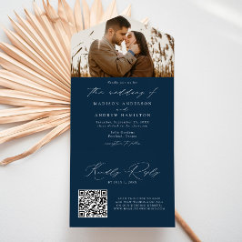 Moderne, elegante Script Navy Foto Hochzeit All In One Einladung