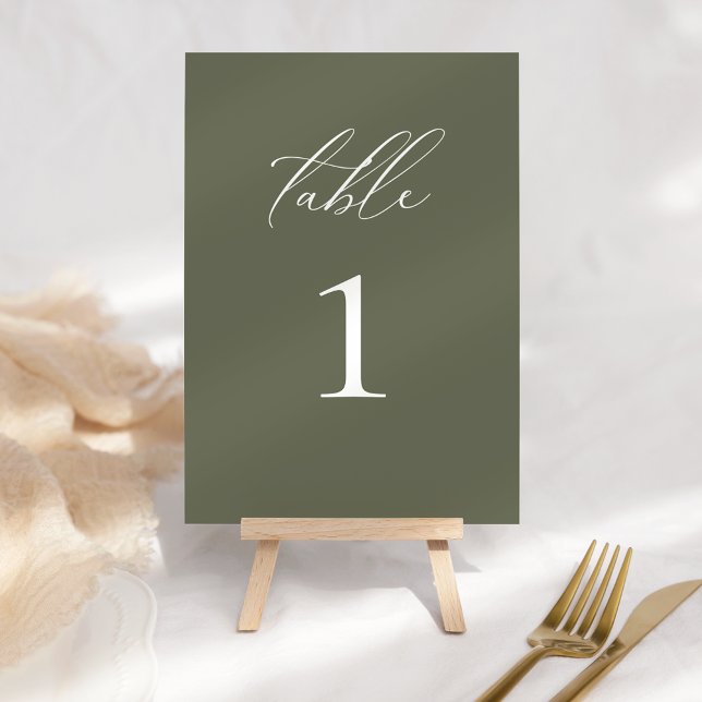 Moderne, elegante Script Olive Wedding Tischnummer (Von Creator hochgeladen)
