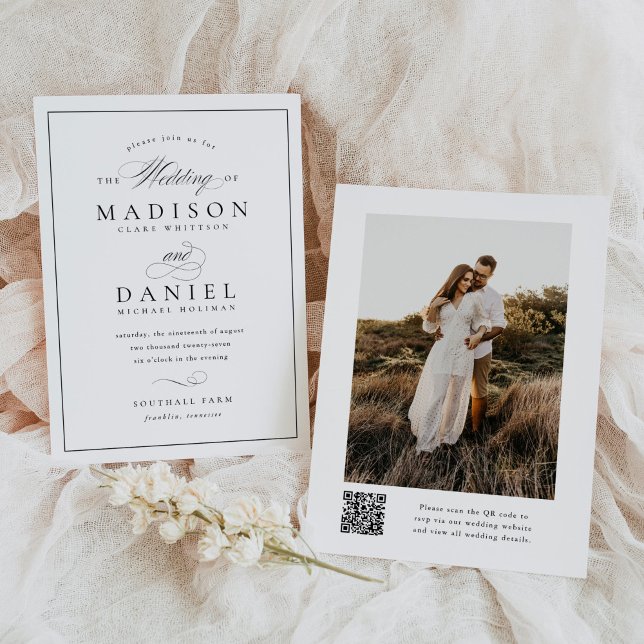 Moderne, elegante Script QR Code Foto Hochzeit Einladung (Von Creator hochgeladen)