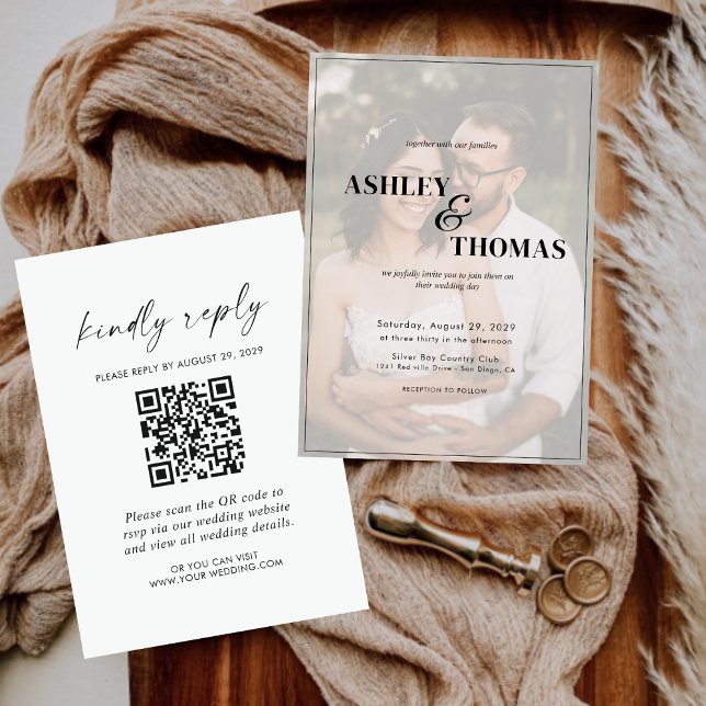 Moderne elegante Script QR Code Foto UAWG Hochzeit Einladung (Von Creator hochgeladen)